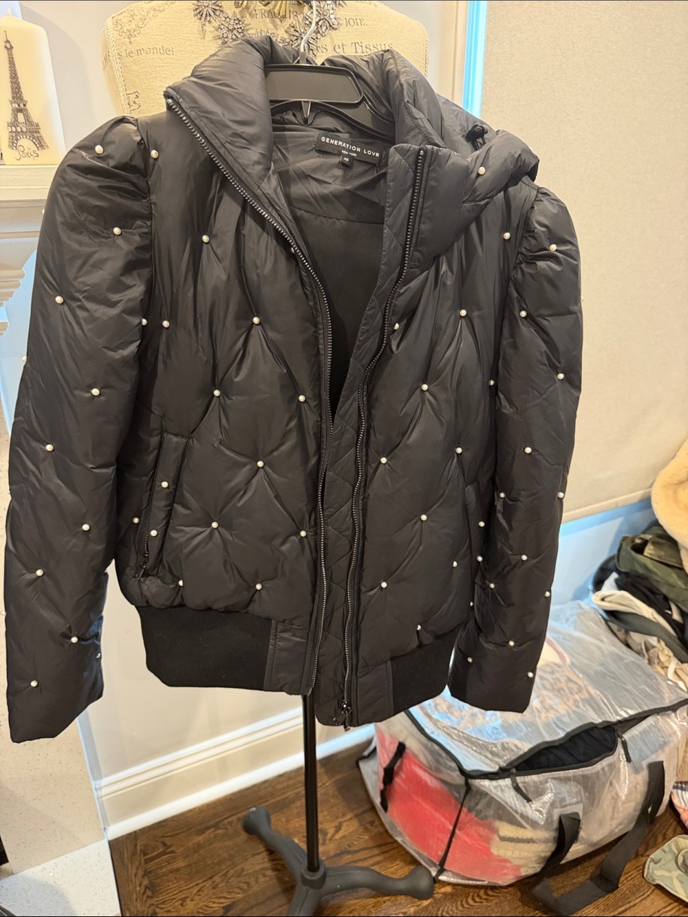 Generation Love Black Quilted Pearl-Embellished Puffer Jacket
